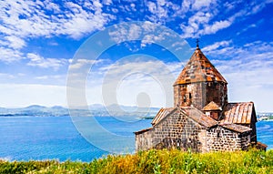 Scenic view of an old Sevanavank church in Sevan, Armenia photo