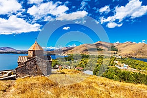 Scenic view of an old Sevanavank church in Sevan, Armenia photo