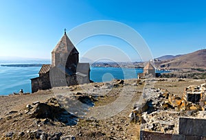 Scenic view of an old Sevanavank church in Sevan, on sunny day