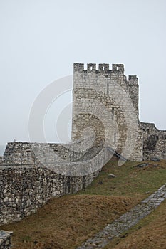 Scénický pohľad na starý kamenný európsky hrad so sivou hmlou na pozadí