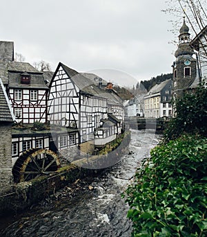 Scenic view of old town Monschau with old-fashioned buildings an