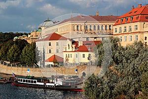 Scenic view of the Old Town pier architecture from Charles Bridge over Vltava river in Prague, Czech Republic