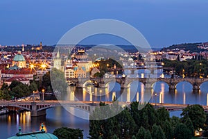 Scenic view of the Old Town pier architecture and Charles Bridge over Vltava river in Prague, Czech Republic. Prague iconic