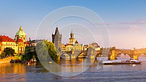 Scenic view of the Old Town pier architecture and Charles Bridge over Vltava river in Prague, Czech Republic. Prague iconic