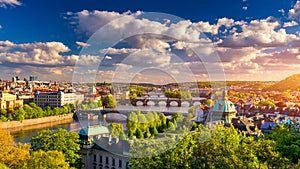 Scenic view of the Old Town pier architecture and Charles Bridge over Vltava river in Prague, Czech Republic. Prague iconic