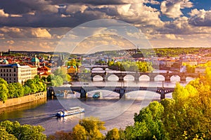 Scenic view of the Old Town pier architecture and Charles Bridge over Vltava river in Prague, Czech Republic. Prague iconic