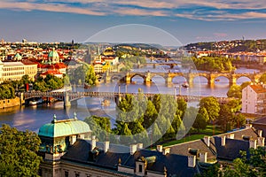 Scenic view of the Old Town pier architecture and Charles Bridge over Vltava river in Prague, Czech Republic. Prague iconic