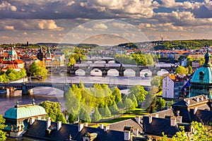 Scenic view of the Old Town pier architecture and Charles Bridge over Vltava river in Prague, Czech Republic. Prague iconic