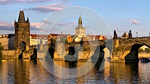 Scenic view of the Old Town pier architecture and Charles Bridge over Vltava river in Prague, Czech Republic. Prague iconic