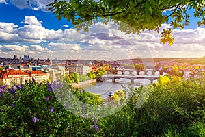 Scenic view of the Old Town pier architecture and Charles Bridge over Vltava river in Prague, Czech Republic. Prague iconic