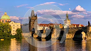 Scenic view of the Old Town pier architecture and Charles Bridge over Vltava river in Prague, Czech Republic. Prague iconic