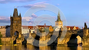 Scenic view of the Old Town pier architecture and Charles Bridge over Vltava river in Prague, Czech Republic. Prague iconic