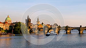 Scenic view of the Old Town pier architecture and Charles Bridge over Vltava river in Prague, Czech Republic. Prague iconic