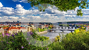 Scenic view of the Old Town pier architecture and Charles Bridge over Vltava river in Prague, Czech Republic. Prague iconic