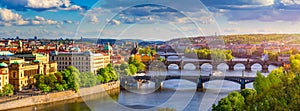 Scenic view of the Old Town pier architecture and Charles Bridge over Vltava river in Prague, Czech Republic. Prague iconic