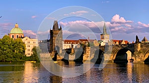 Scenic view of the Old Town pier architecture and Charles Bridge over Vltava river in Prague, Czech Republic. Prague iconic
