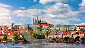 Scenic view of the Old Town pier architecture and Charles Bridge over Vltava river in Prague, Czech Republic. Prague iconic