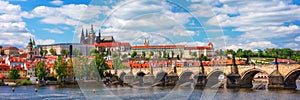 Scenic view of the Old Town pier architecture and Charles Bridge over Vltava river in Prague, Czech Republic. Prague iconic