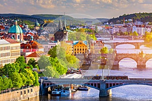 Scenic view of the Old Town pier architecture and Charles Bridge over Vltava river in Prague, Czech Republic. Prague iconic