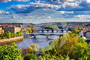 Scenic view of the Old Town pier architecture and Charles Bridge over Vltava river in Prague, Czech Republic. Prague iconic