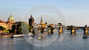 Scenic view of the Old Town pier architecture and Charles Bridge over Vltava river in Prague, Czech Republic. Prague iconic