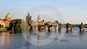 Scenic view of the Old Town pier architecture and Charles Bridge over Vltava river in Prague, Czech Republic. Prague iconic