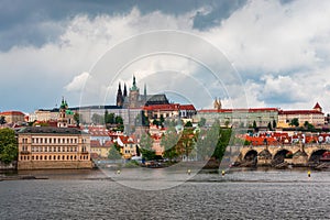 Scenic view of the Old Town pier architecture and Charles Bridge over Vltava river in Prague, Czech Republic. Prague iconic