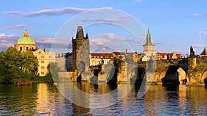 Scenic view of the Old Town pier architecture and Charles Bridge over Vltava river in Prague, Czech Republic. Prague iconic