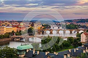 Scenic view of the Old Town pier architecture and Charles Bridge over Vltava river in Prague, Czech Republic. Prague iconic