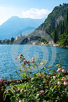 Scenic view of the old town Varenna, Lake Como and Alpine mountains in Italy.