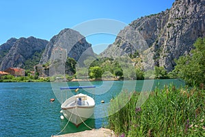 Scenic view of Omis where the Cetina river meets the Adriatic sea, Dalmatia, Croatia, outdoor travel background