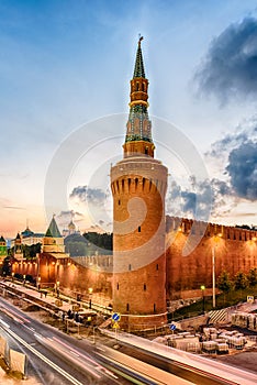 Scenic view over the Beklemishevskaya Tower and Kremlin, Moscow, Russia