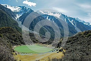 Scenic view over Blue Lakes in Aoraki/Mount Cook National Park, South Island of New Zealand