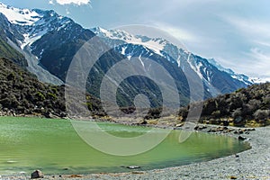 Scenic view over Blue Lakes in Aoraki/Mount Cook National Park, South Island of New Zealand