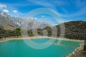 Scenic view over Blue Lakes in Aoraki/Mount Cook National Park, South Island of New Zealand