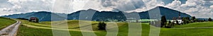 Scenic view over the German countryside around the village Kappel, extra large panoramic 180 degrees view
