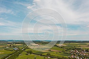 Scenic view over a landscape with farming fields and houses in Germany