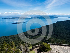 Scenic view over Rosario Strait from the watchtower at the top of Mount Constitution in Moran State Park
