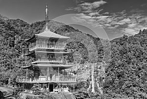 Scenic view of pagoda of Seiganto-ji Temple with Nachi no Taki fall in background at Nachi Katsuura, Wakayama, Japan