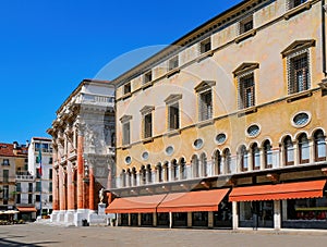 Scenic view of Palazzo del Monte di Pieta with Church of San Vincenzo, Vicenza, Italy