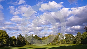 Scenic view of the park with green trees and grass field in city and a cloudy blue sky background