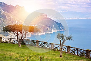 Scenic view of a park in Ravello overlooking Amalfi coast in Italy