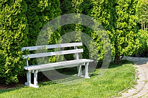 Scenic view of a peaceful green garden. White bench in garden