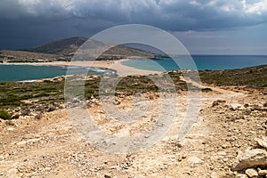 Scenic view from peninsula Prasonisi on Rhodes island, Greece with the aegean see on the right and the mediterranean see on the