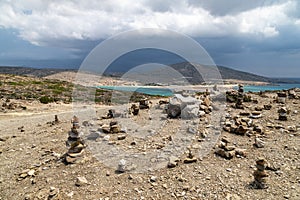 Scenic view from peninsula Prasonisi on Rhodes island, Greece with the aegean see on the right and the mediterranean see on the