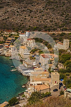 Scenic view from the picturesque seaside village Limeni. Traditional houses and colorful stoned buildings in Limeni, Mani area,