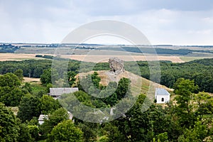 Scenic view on Pidkamin inselberg on adjacent hill in Brody region of Galychyna