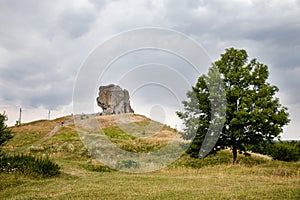 Scenic view on Pidkamin inselberg on adjacent hill in Brody region of Galychyna