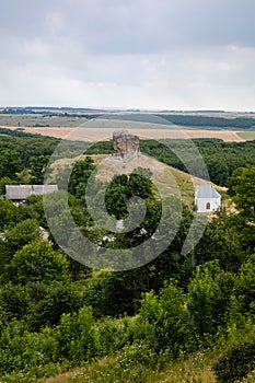 Scenic view on Pidkamin inselberg on adjacent hill in Brody region of Galychyna