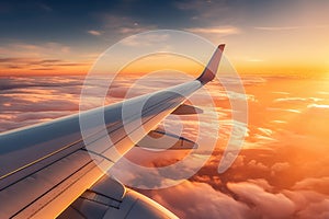 Scenic view with plane wing through a porthole of an aircraft